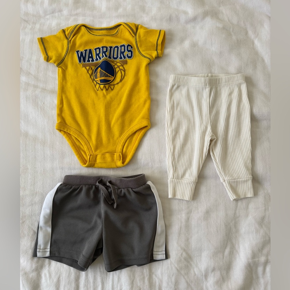Set of Baby 3-6 Month Golden State Warriors Bodysuit, Shorts, and Pants